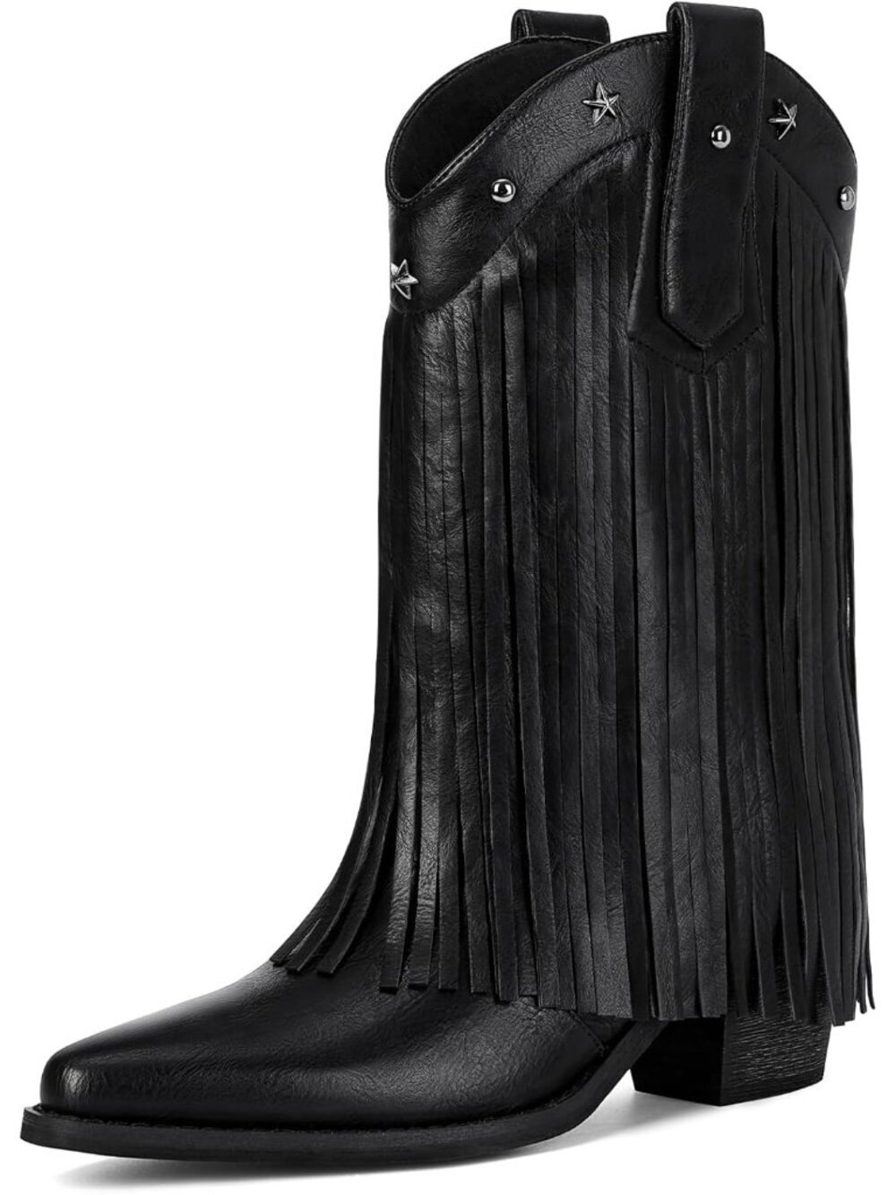 Women's Black Cowgirl Mid Calf Star Studded Pointed Toe and Chunky Heel Boots